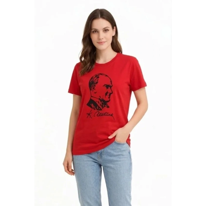 Atatürk Baskılı Tişört Kısa Kollu Bisiklet Yaka  T-Shirt - Kırmızı