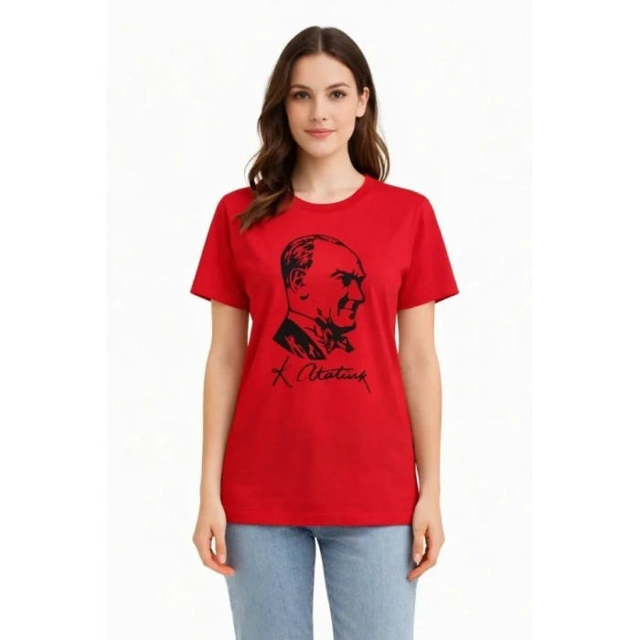 Atatürk Baskılı Tişört Kısa Kollu Bisiklet Yaka  T-Shirt - Kırmızı
