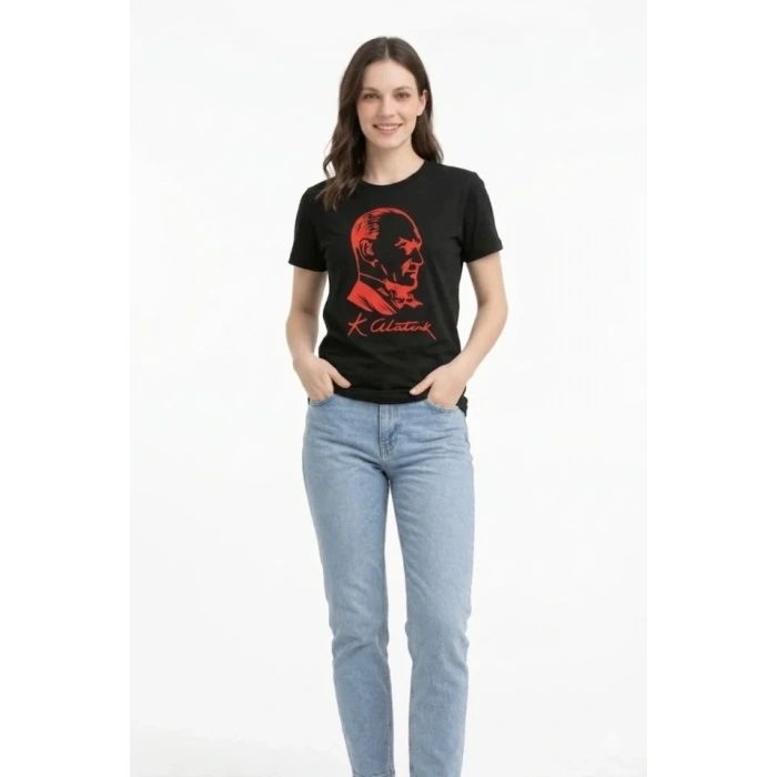 Atatürk Baskılı Tişört Kısa Kollu Bisiklet Yaka  T-Shirt - Siyah