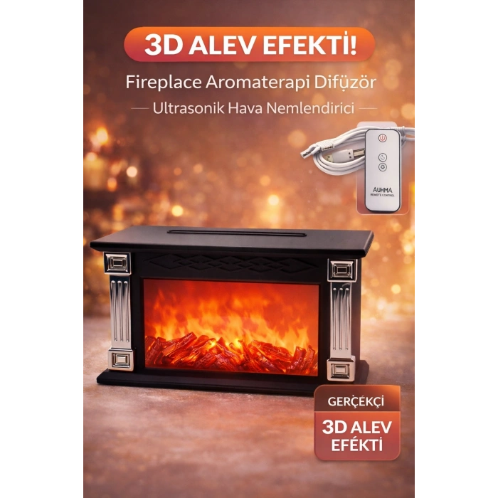 AUHMA Fireplace Aromaterapi Difüzör 300ML Ultrasonik Hava Nemlendirici Kumandalı 3D Alev Efektli Buhar Makinesi
