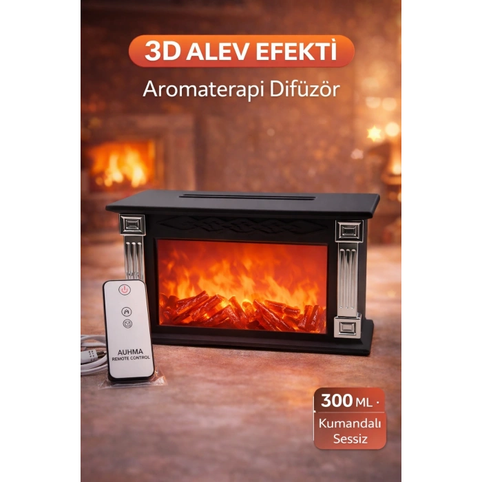 AUHMA Fireplace Aromaterapi Difüzör 300ML Ultrasonik Hava Nemlendirici Kumandalı 3D Alev Efektli Buhar Makinesi