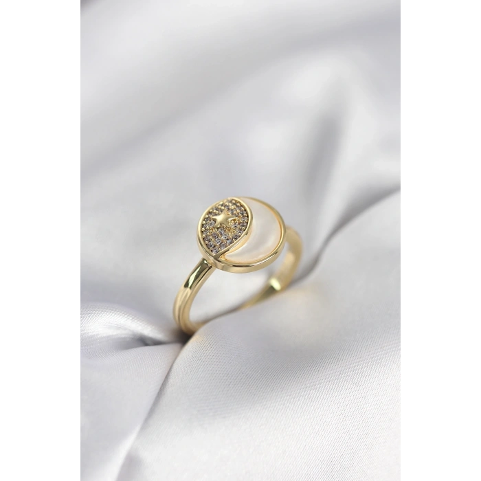 Ay Yıldız Model Gold Renk Zirkon Taşlı Kadın Yüzük