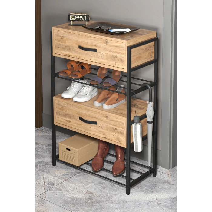 Ayakkabılık Ahşap 2 Kapaklı Metal Raflı 4 Katlı Çok Amaçlı Atlantik Çam
