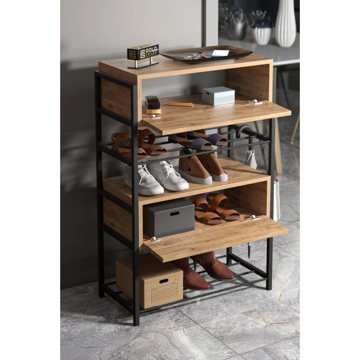 Ayakkabılık Ahşap 2 Kapaklı Metal Raflı 4 Katlı Çok Amaçlı Atlantik Çam
