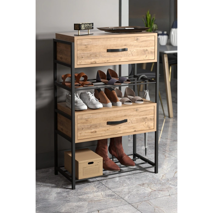 Ayakkabılık Ahşap 2 Kapaklı Metal Raflı 4 Katlı Çok Amaçlı Atlantik Çam
