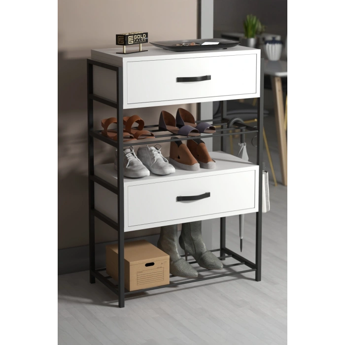 Ayakkabılık Ahşap 2 Kapaklı Metal Raflı 4 Katlı Çok Amaçlı Beyaz