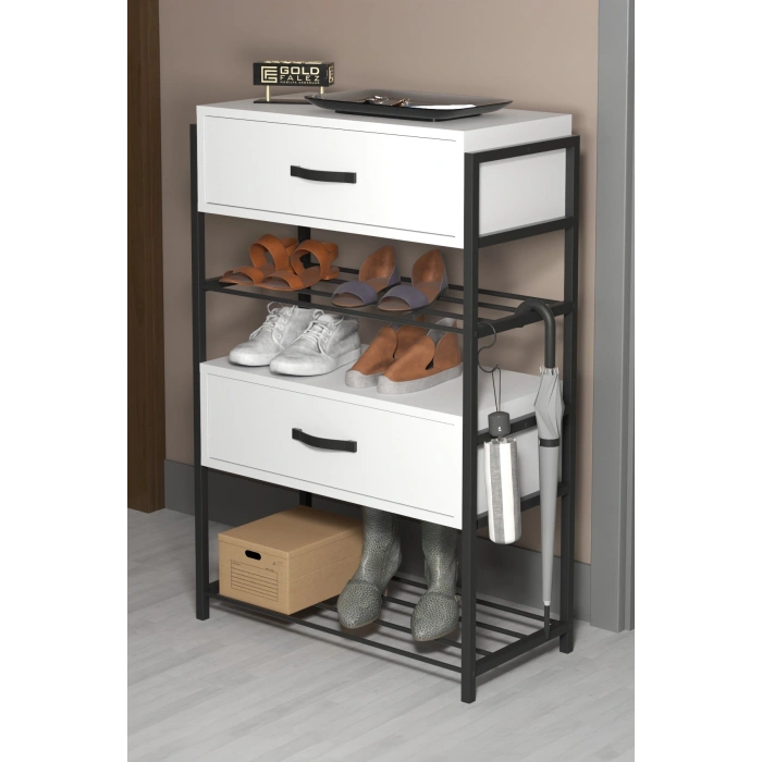 Ayakkabılık Ahşap 2 Kapaklı Metal Raflı 4 Katlı Çok Amaçlı Beyaz