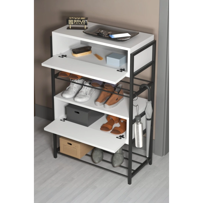 Ayakkabılık Ahşap 2 Kapaklı Metal Raflı 4 Katlı Çok Amaçlı Beyaz