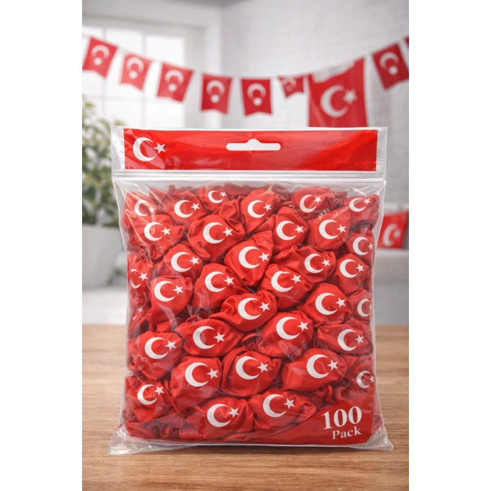 Ayyıldızlı Kırmızı Balon Seti Türk Bayraklı Parti Balonu Dayanıklı Latex Balon 100 Adet