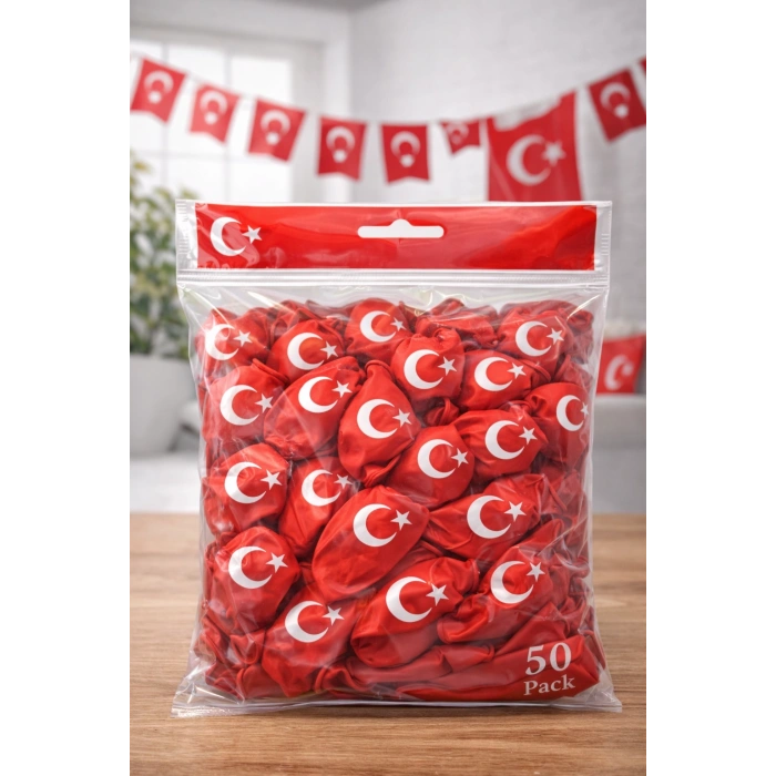 Ayyıldızlı Kırmızı Balon Seti Türk Bayraklı Parti Balonu Dayanıklı Latex Balon 50 Adet