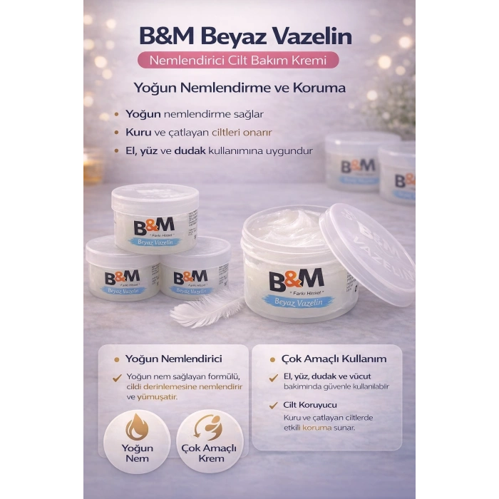 B&M Beyaz Vazelin Nemlendirici Cilt Bakım Kremi Çok Amaçlı Yoğun Nemlendirici 2 Adet
