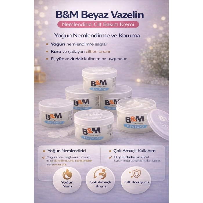 B&M Beyaz Vazelin Nemlendirici Cilt Bakım Kremi Çok Amaçlı Yoğun Nemlendirici 6 Adet