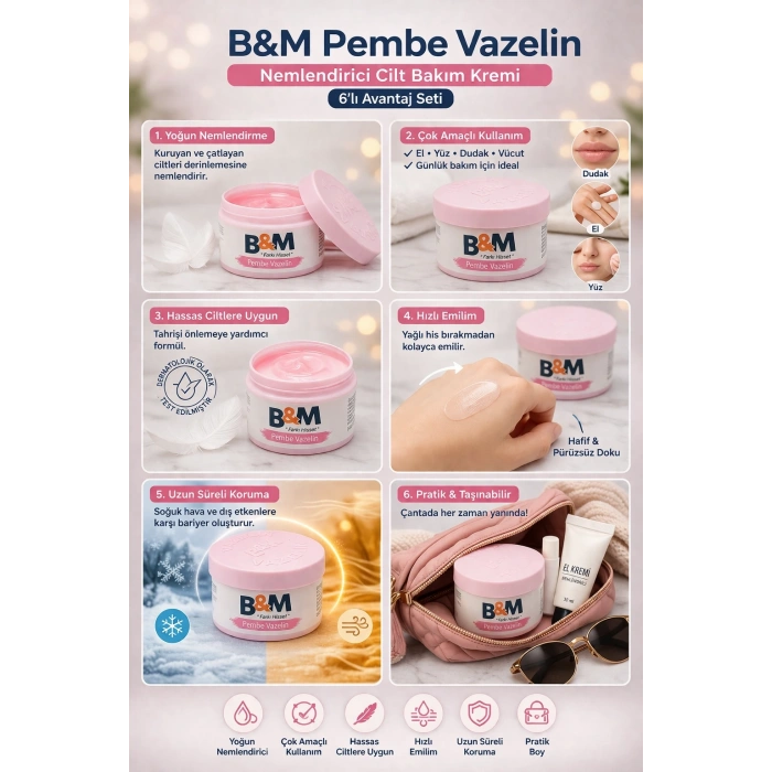 B&M Pembe Vazelin Nemlendirici Cilt Bakım Kremi Çok Amaçlı Vazelin 6 Adet