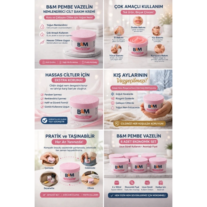 B&M Pembe Vazelin Nemlendirici Cilt Bakım Kremi Çok Amaçlı Vazelin 6 Adet