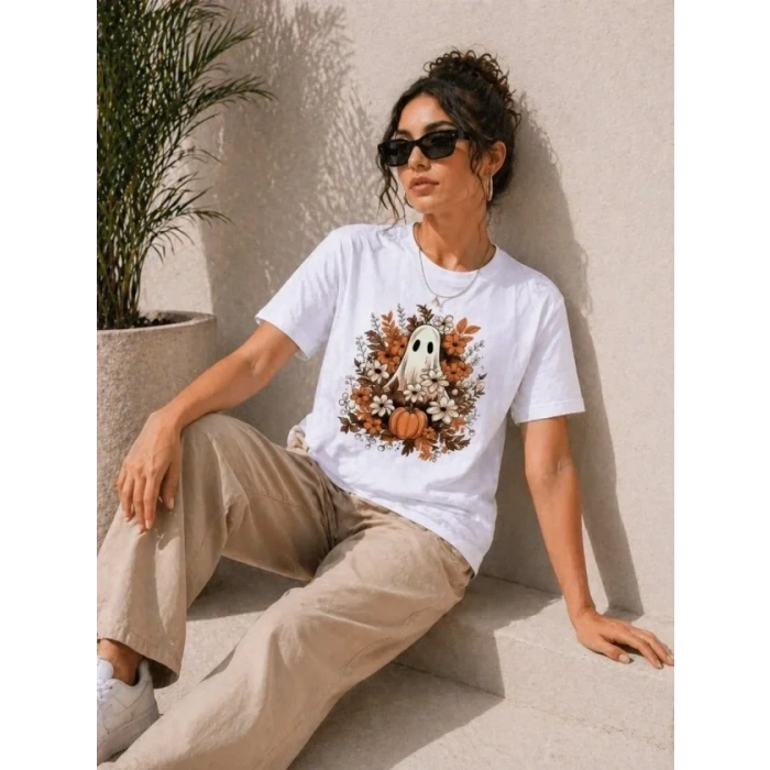 Balkabağı Hayalet Baskılı Tişört Kısa Kol Yazlık T-Shirt - Beyaz