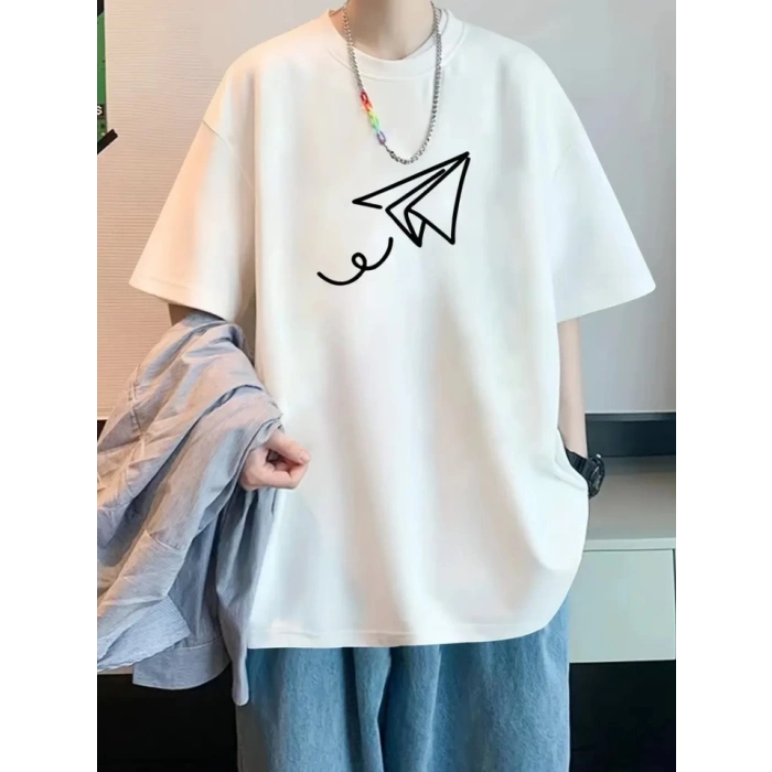 Baskılı Oversize Bisiklet Yaka T-shirt - Beyaz