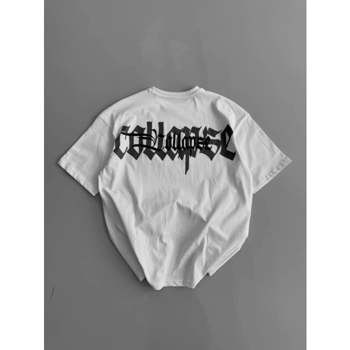 Baskılı Oversize Bisiklet Yaka T-shirt - Beyaz