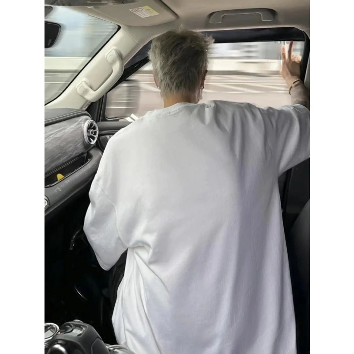 Baskılı Oversize Bisiklet Yaka T-shirt - Beyaz