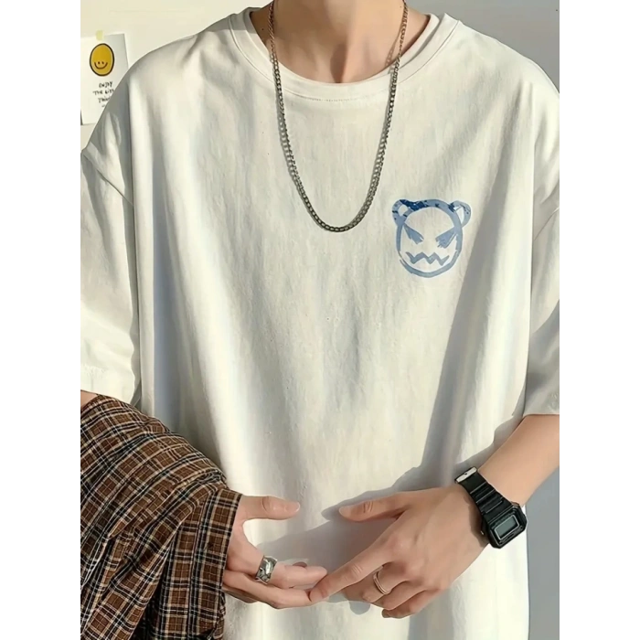 Baskılı Oversize Bisiklet Yaka T-shirt - Beyaz
