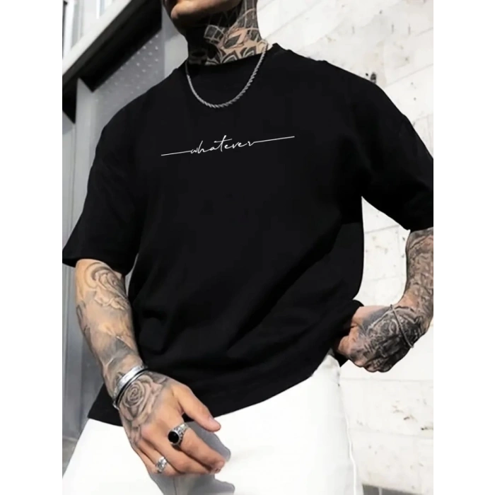 Baskılı Oversize Bisiklet Yaka T-shirt - Siyah