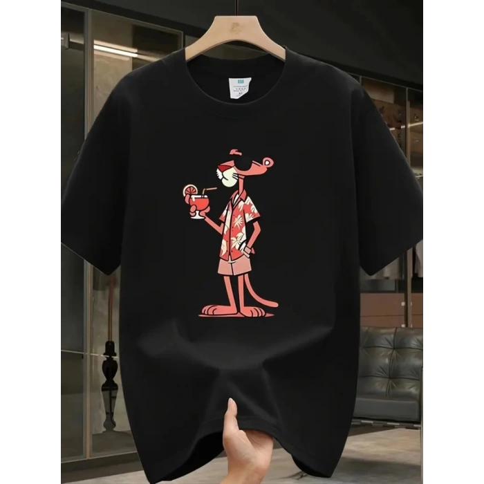 Baskılı Oversize Bisiklet Yaka T-shirt - Siyah