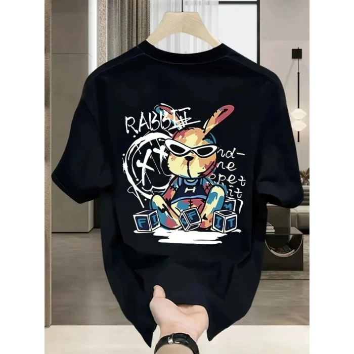 Baskılı Oversize Bisiklet Yaka T-shirt - Siyah