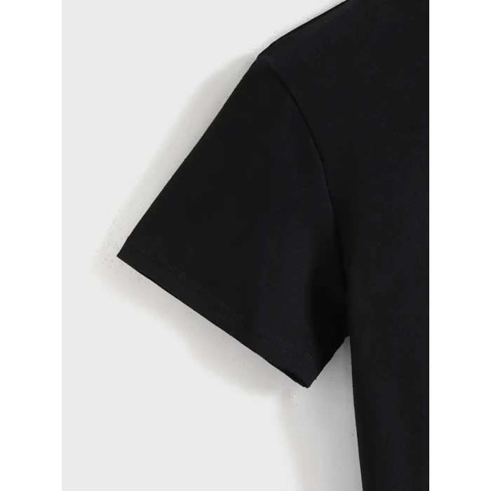 Baskılı Oversize Bisiklet Yaka T-shirt - Siyah
