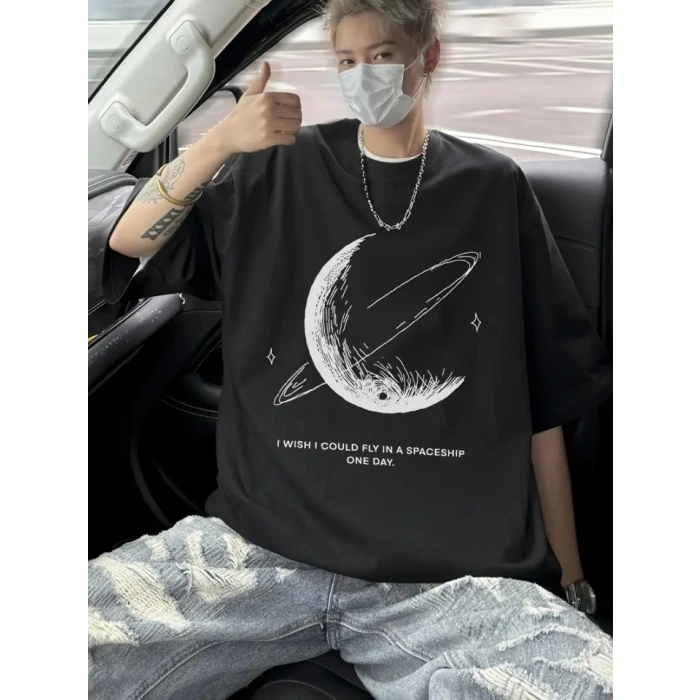 Baskılı Oversize Bisiklet Yaka T-shirt - Siyah