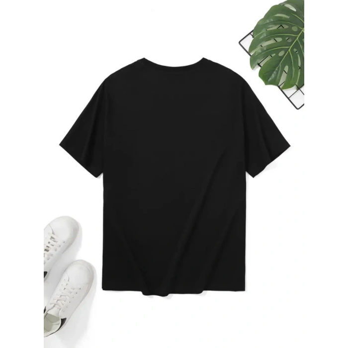 Baskılı Oversize Bisiklet Yaka T-shirt - Siyah