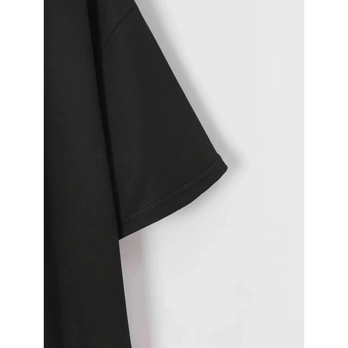 Baskılı Oversize Bisiklet Yaka T-shirt - Siyah