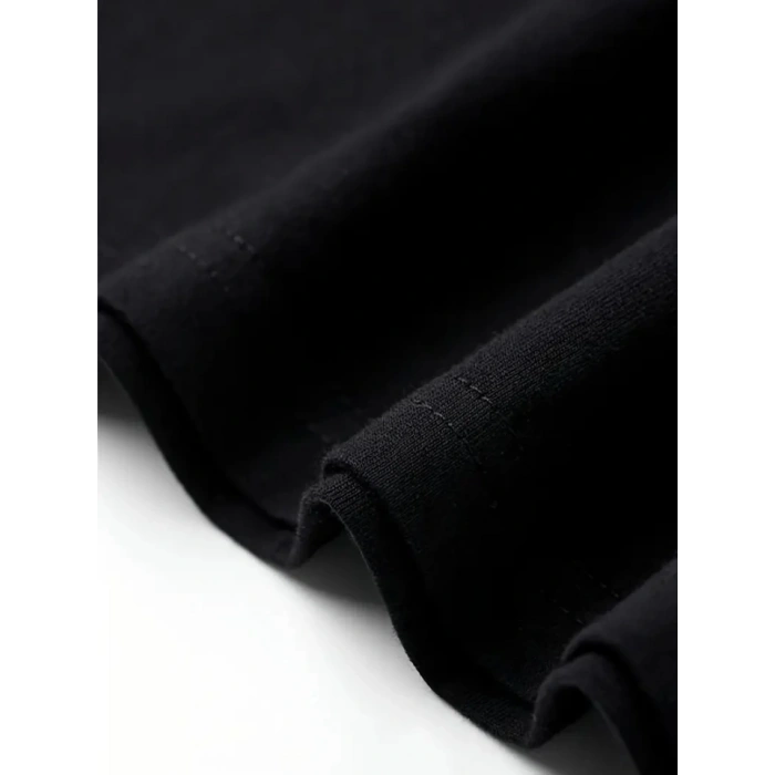 Baskılı Oversize Bisiklet Yaka T-shirt - Siyah