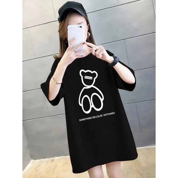 Baskılı Oversize Bisiklet Yaka T-shirt - Siyah