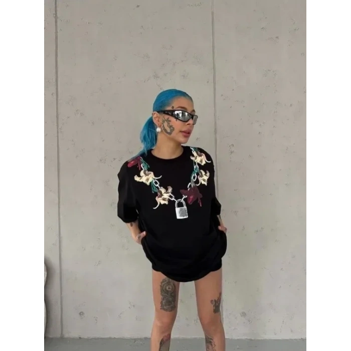 Baskılı T-Shirt Kısa Kol Bisiklet Yaka Regular Rahat Kalıp Günlük Tişört - Siyah