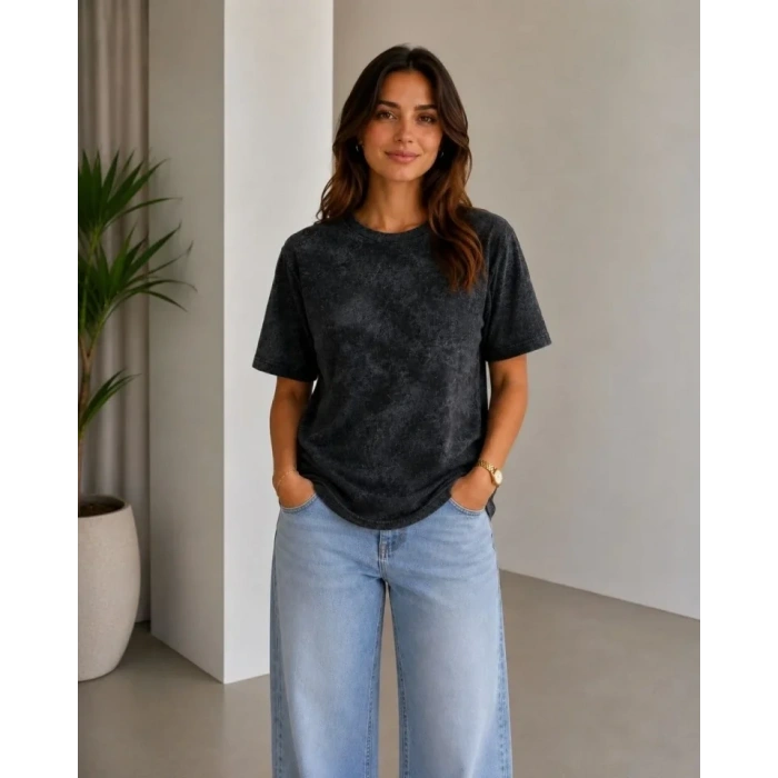 Batik Desenli Tişört Bisiklet Yaka Kısa Kol Regular Fit T-shirt - Siyah