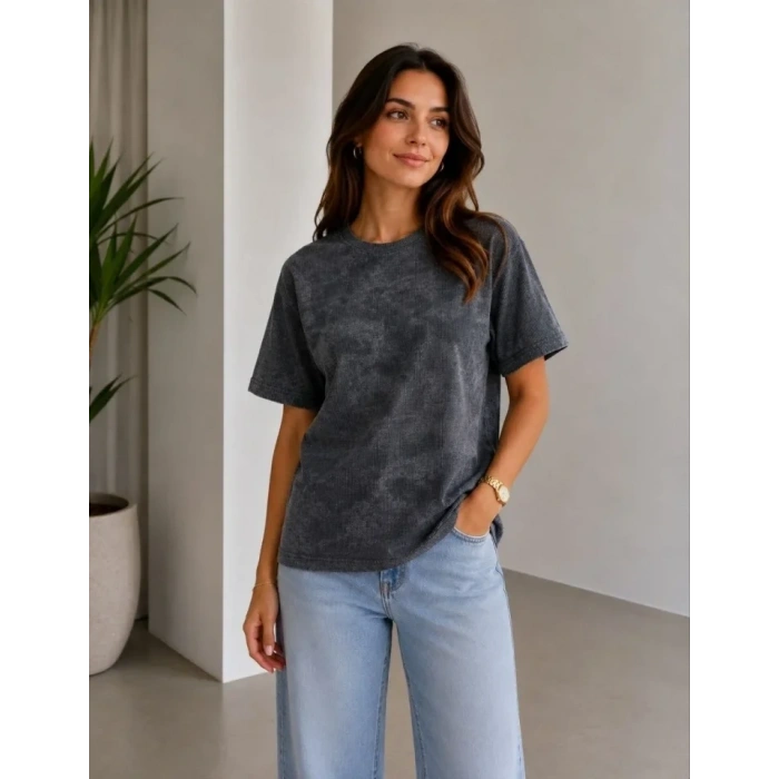 Batik Desenli Tişört Bisiklet Yaka Kısa Kol Regular Fit T-shirt - Siyah