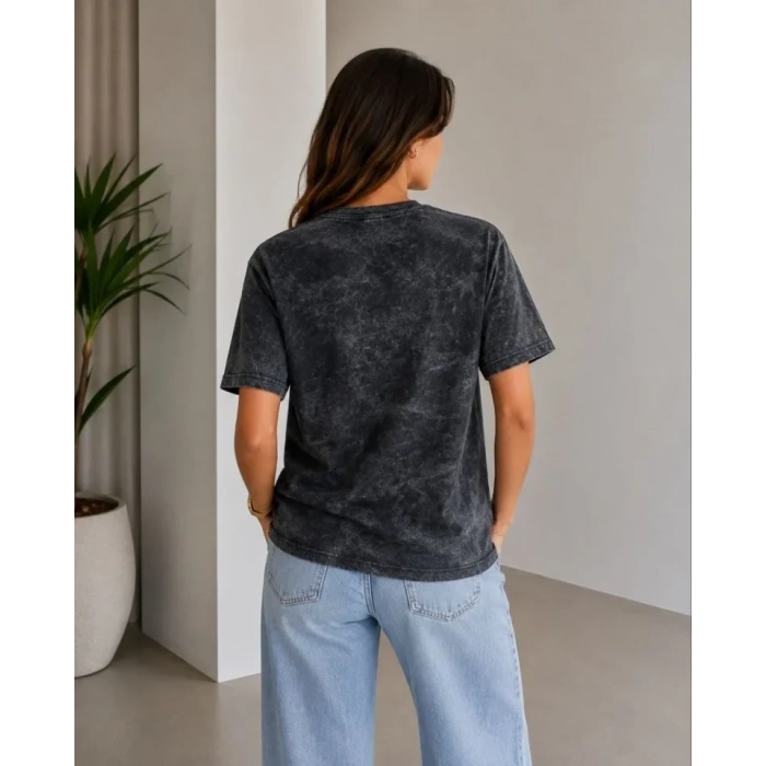 Batik Desenli Tişört Bisiklet Yaka Kısa Kol Regular Fit T-shirt - Siyah