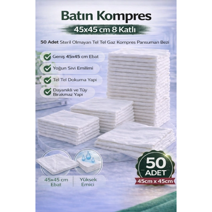 Batın Kompres 45x45 cm 8 Katlı 50 Adet Tel Tel Gaz Kompres Steril Olmayan Pansuman Bezi