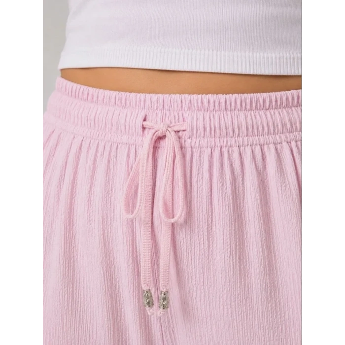 Battal Beden Bürümcük Kumaş Beli Lastikli Bağcıklı Bol Paça Palazzo Pantolon - Pembe