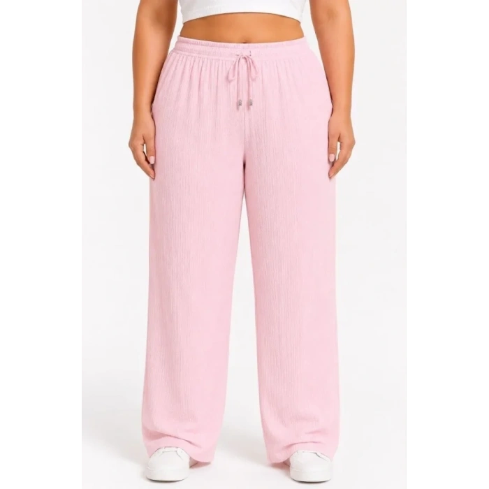 Battal Beden Bürümcük Kumaş Beli Lastikli Bağcıklı Bol Paça Palazzo Pantolon - Pembe