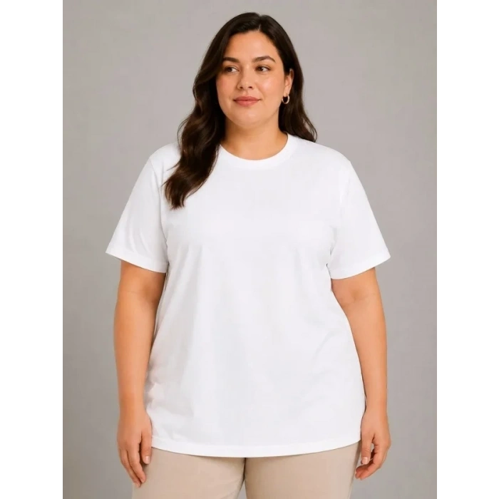 Battal Big Size Basic Tişört Bisiklet Yaka Rahat Kalıp T-Shirt - Beyaz