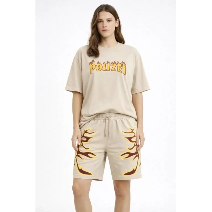 Bej Oversize Baskılı Tişört Şort Takım Cepli Şort Yazlık Rahat Günlük Kombin - Bej