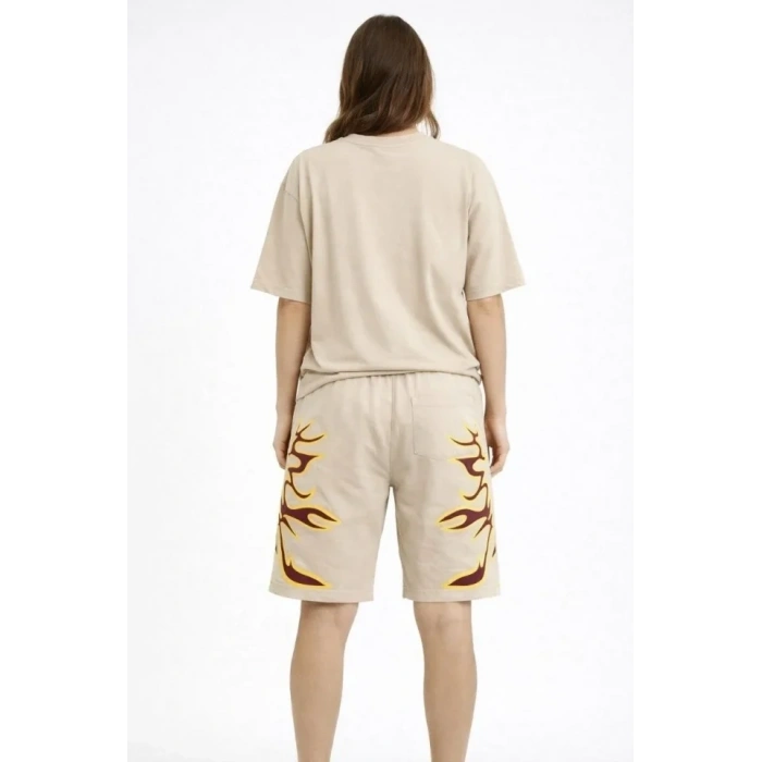Bej Oversize Baskılı Tişört Şort Takım Cepli Şort Yazlık Rahat Günlük Kombin - Bej
