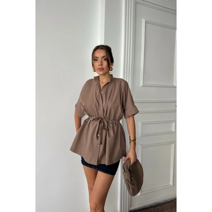 BEL BÜZGÜ DETAYLI POPLİN GÖMLEK - Kahverengi
