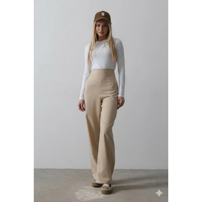 Beli Yarım Lastikli Palazzo Pantolon - Camel