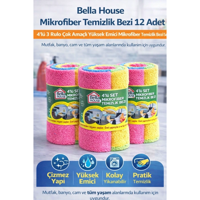 Bella House Mikrofiber Temizlik Bezi 12 Adet (4lü 3 Rulo) Çok Amaçlı Yüksek Emici Mikrofiber Temizlik Bezi Seti