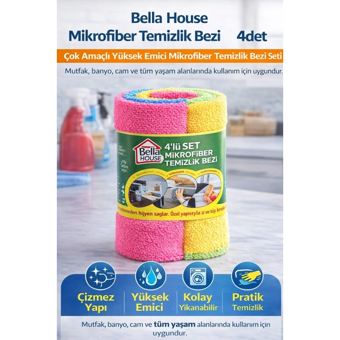 Bella House Mikrofiber Temizlik Bezi 4 Adet (4’LÜ 1 RULO)Çok Amaçlı Yüksek Emici Mikrofiber Temizlik Bezi Seti