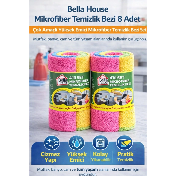 Bella House Mikrofiber Temizlik Bezi 8 Adet (4lü 2 Rulo) Çok Amaçlı Yüksek Emici Mikrofiber Temizlik Bezi Seti
