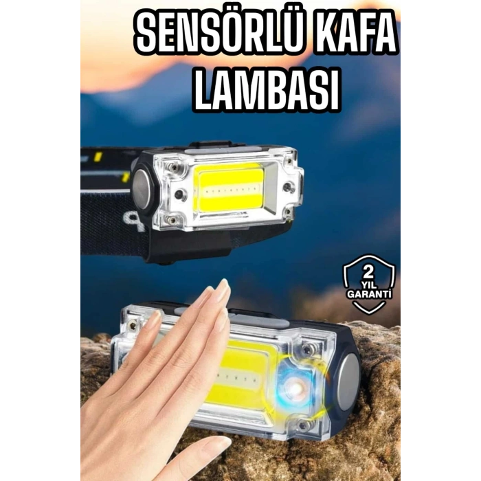 Beyaz Led Işık Sensörlü Kafa Lambası Lityum Batarya Led El Fenerli Şarjlı