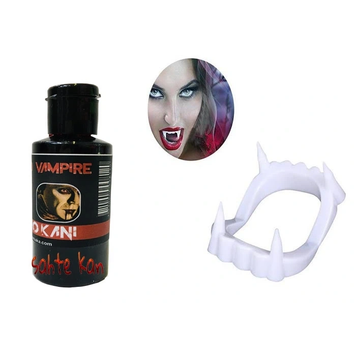 Beyaz Renk Çift Damak Takma Vampir Dişi ve 50 gr Tiyatro Kanı Set