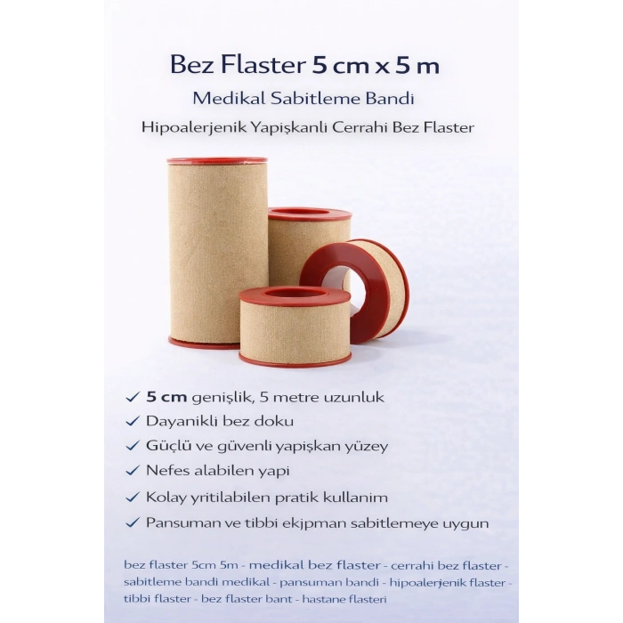 Bez Flaster 5 cm x 5 m Medikal Sabitleme Bandı Hipoalerjenik Yapışkanlı Cerrahi Bez Flaster